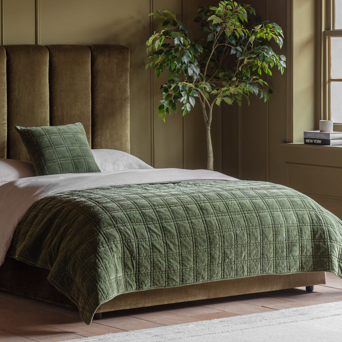 Gallery Direct Cotton Velvet Quilted Bedspread Olive 2200x2400mm - styled across a bed in a bedroom