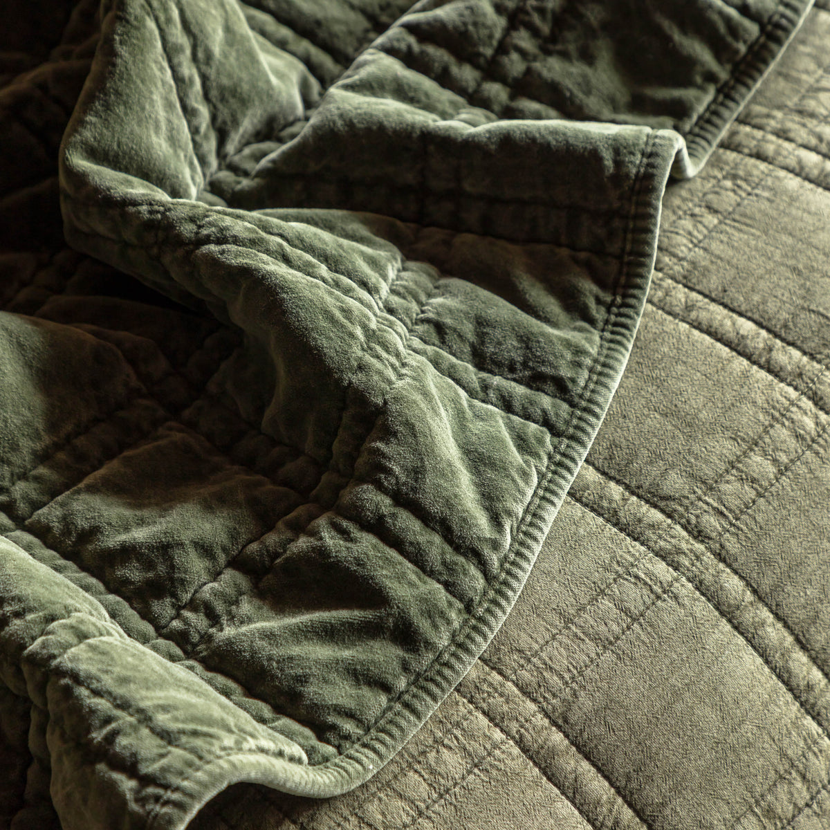 Gallery Direct Cotton Velvet Quilted Bedspread Olive 2200x2400mm - folded velvet edge detail