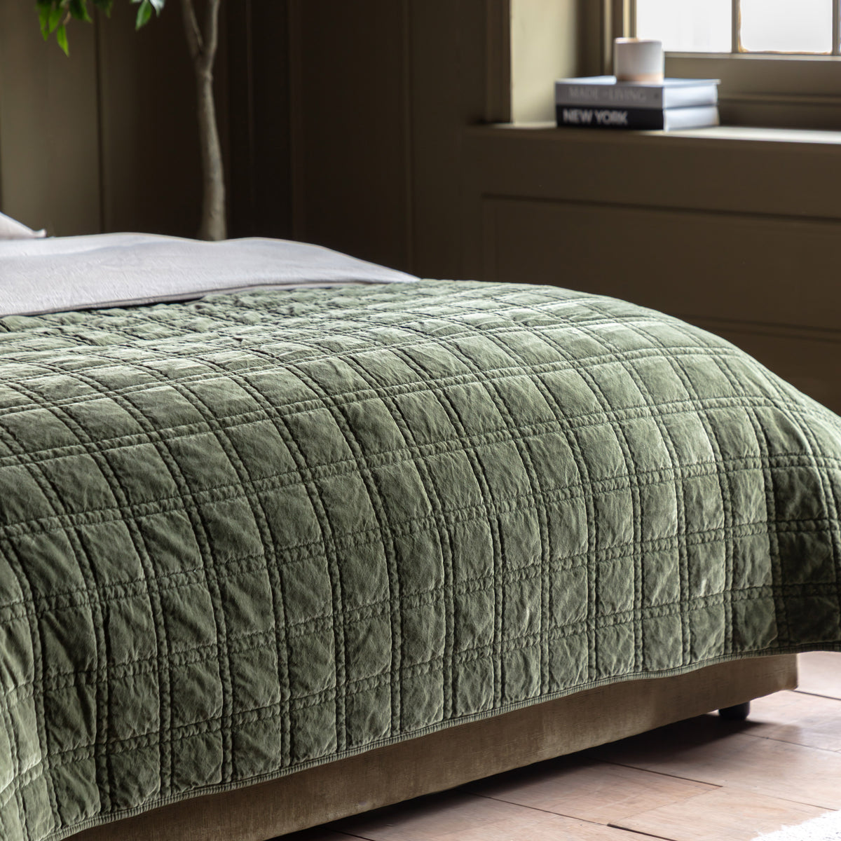 Gallery Direct Cotton Velvet Quilted Bedspread Olive 2200x2400mm - quilted bedspread draped over the bed