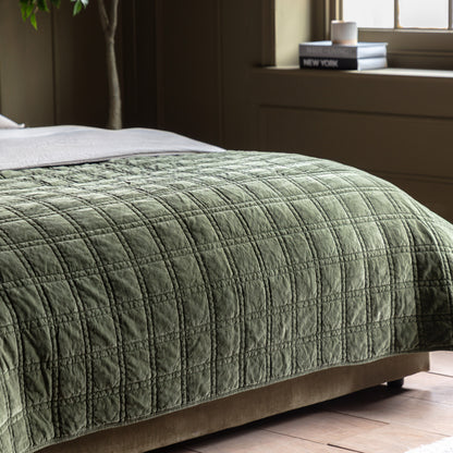 Gallery Direct Cotton Velvet Quilted Bedspread Olive 2200x2400mm - quilted bedspread draped over the bed