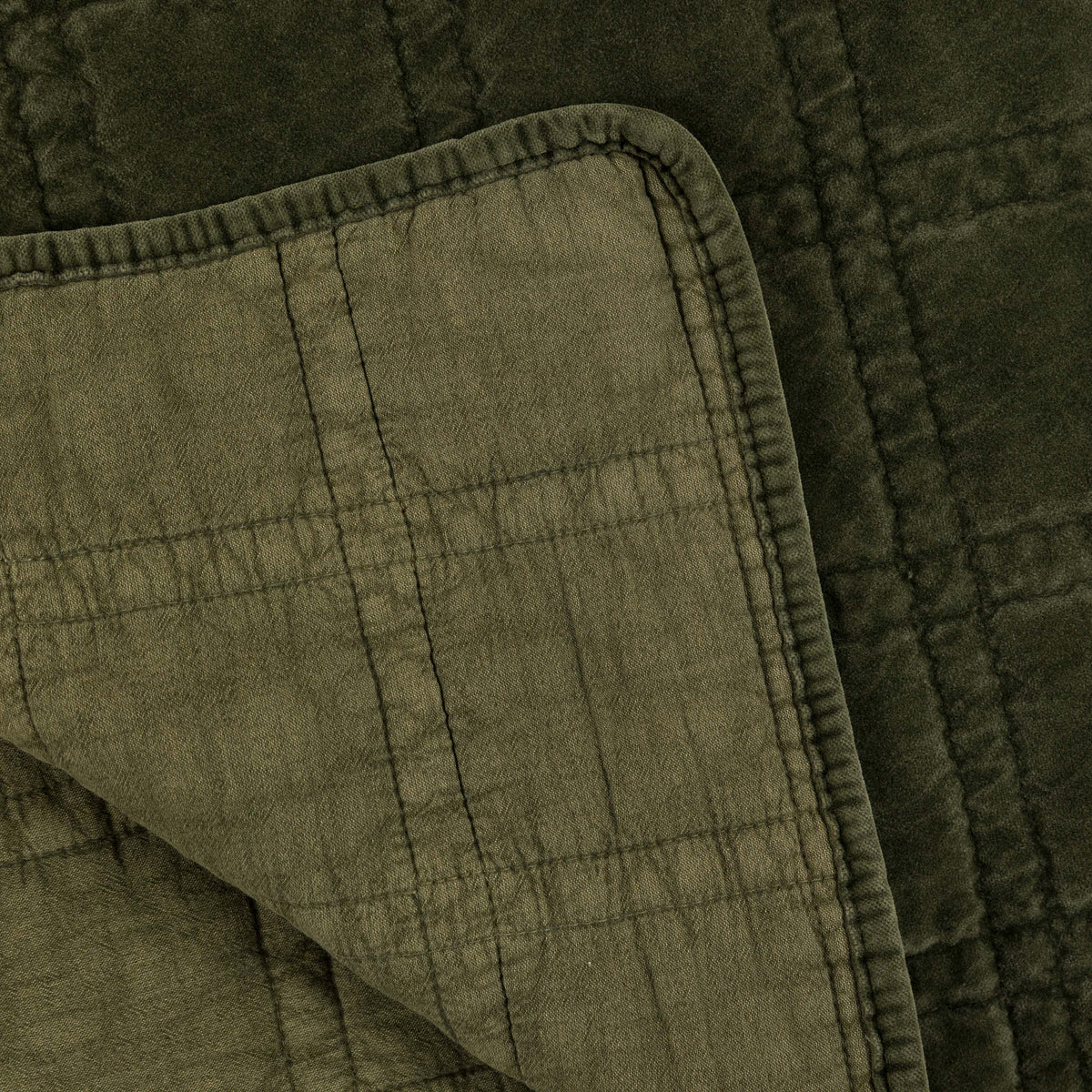 Gallery Direct Cotton Velvet Quilted Bedspread Olive 2200x2400mm - reverse fabric and bound edge detail