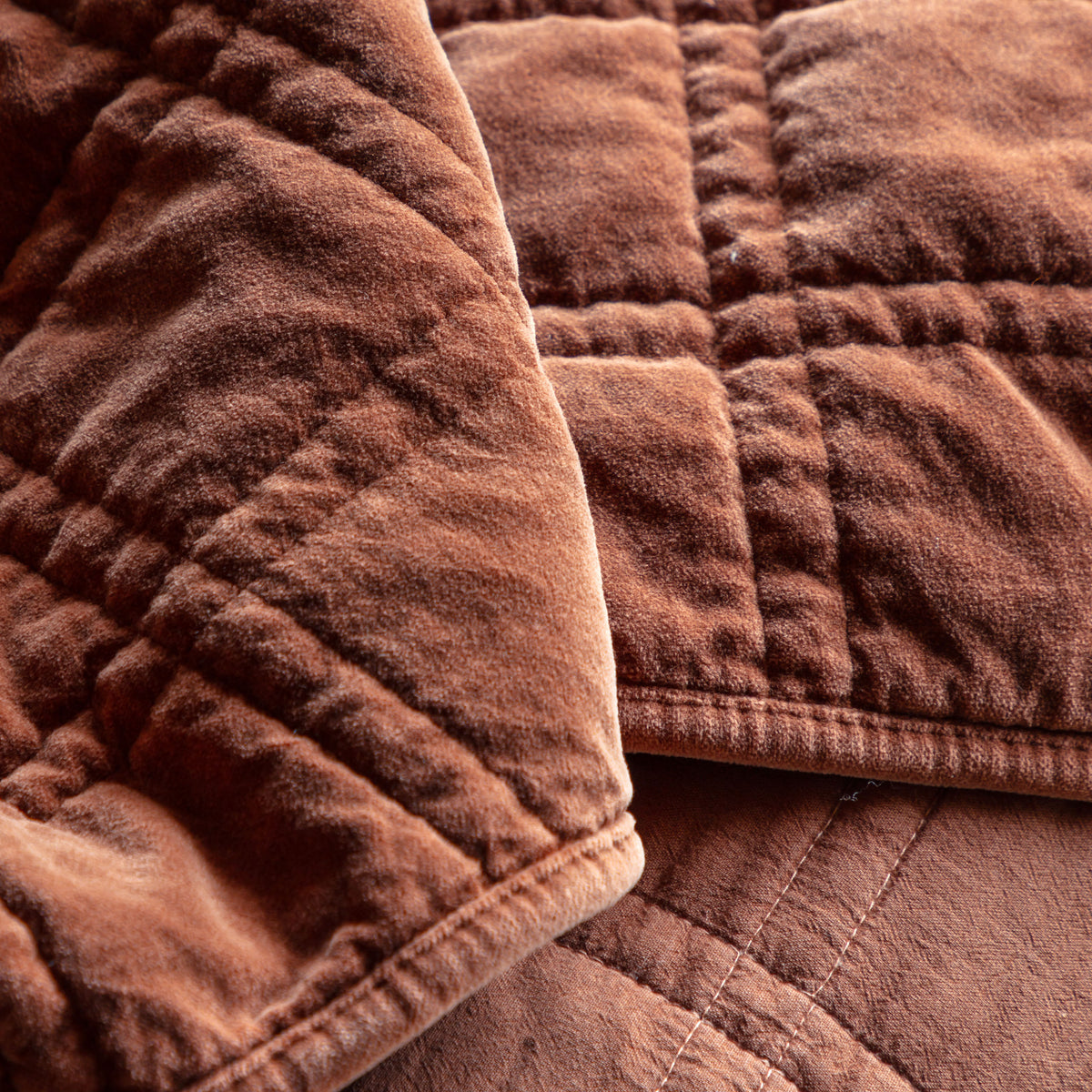 Gallery Direct Cotton Velvet Quilted Bedspread Rust 2200x2400mm - folded velvet edge detail