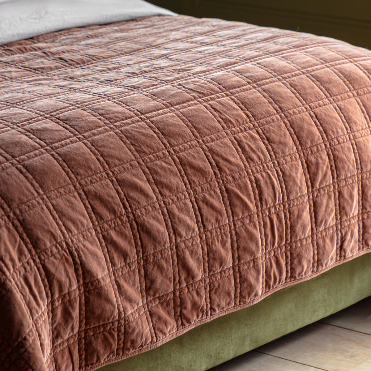 Gallery Direct Cotton Velvet Quilted Bedspread Rust 2200x2400mm - quilted bedspread draped over the bed