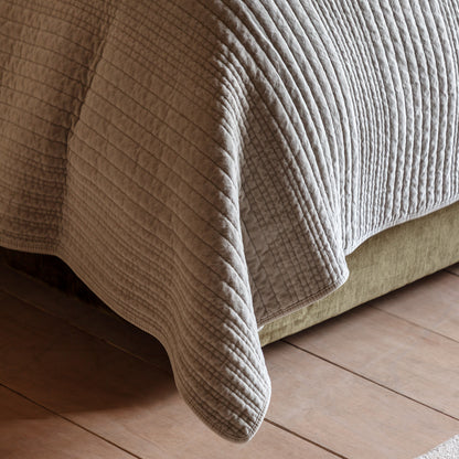 Gallery Direct Cotton Velvet Stitched Bedspread Taupe 2200x2400mm - draped corner and stitched texture detail