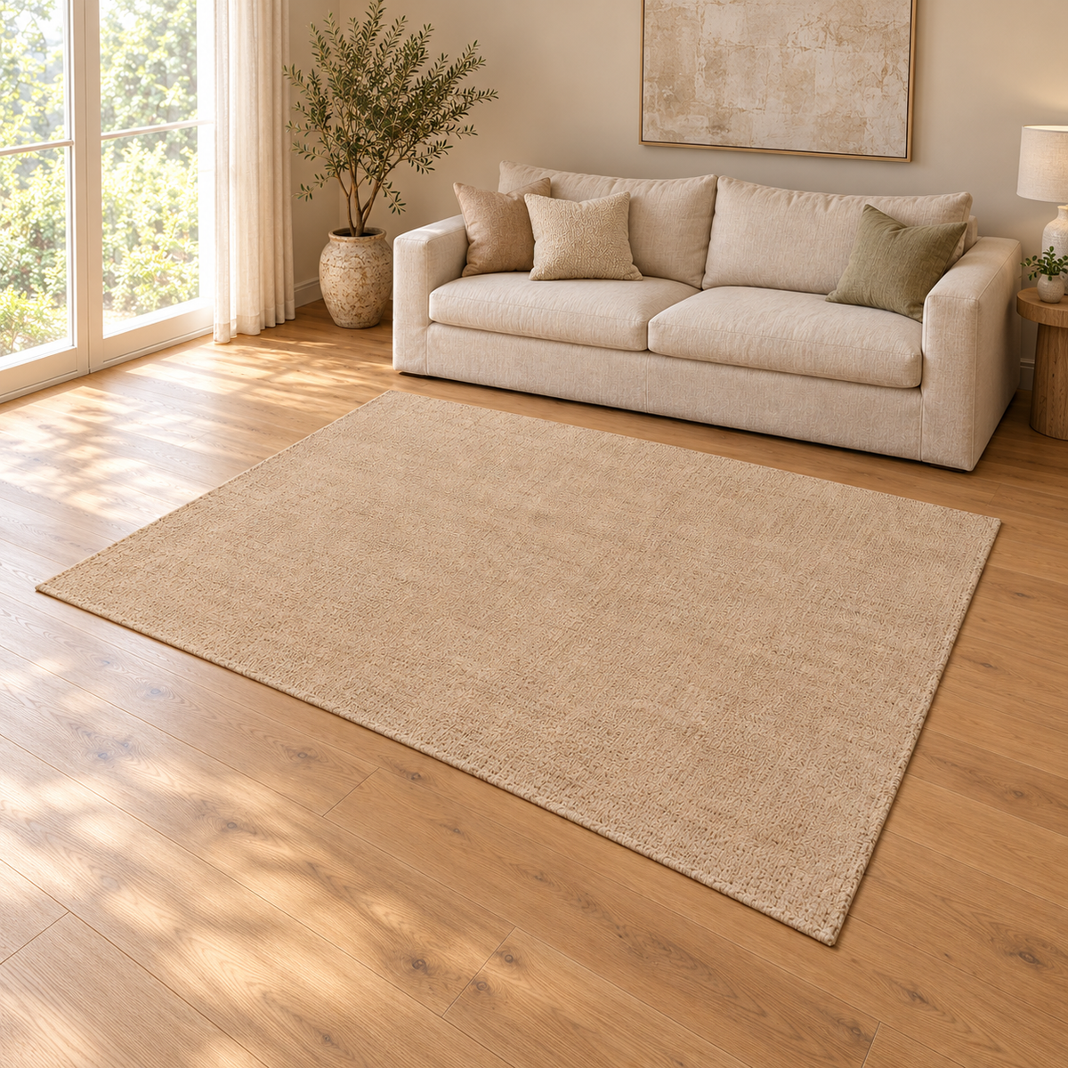 Gallery Direct Elara Rug Sand styled in a neutral living room; complete rug visible