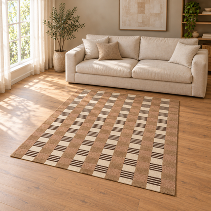 Gallery Direct Lezo Geo Rug Natural styled in a neutral living room; complete rug visible