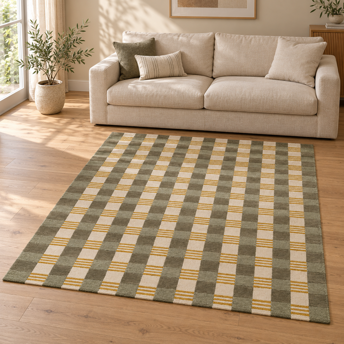 Gallery Direct Lezo Geo Rug Teal styled in a neutral living room; complete rug visible