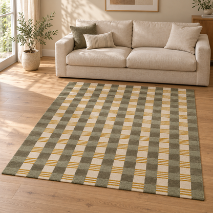 Gallery Direct Lezo Geo Rug Teal styled in a neutral living room; complete rug visible