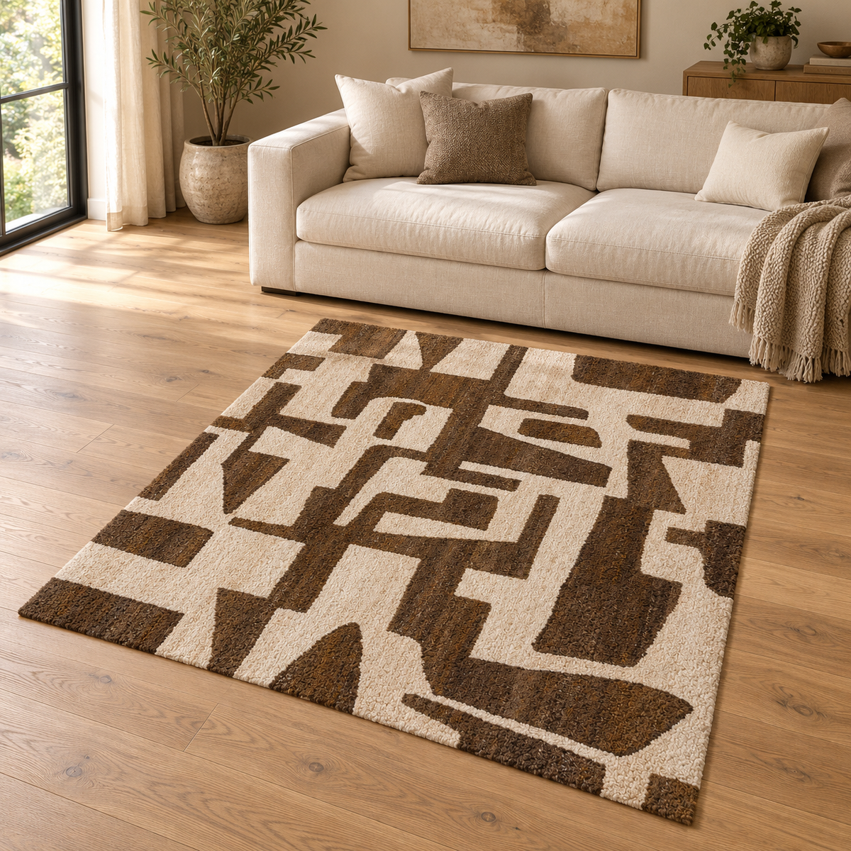 Gallery Direct Luma Geo Rug Sand Brown styled in a neutral living room; complete rug visible