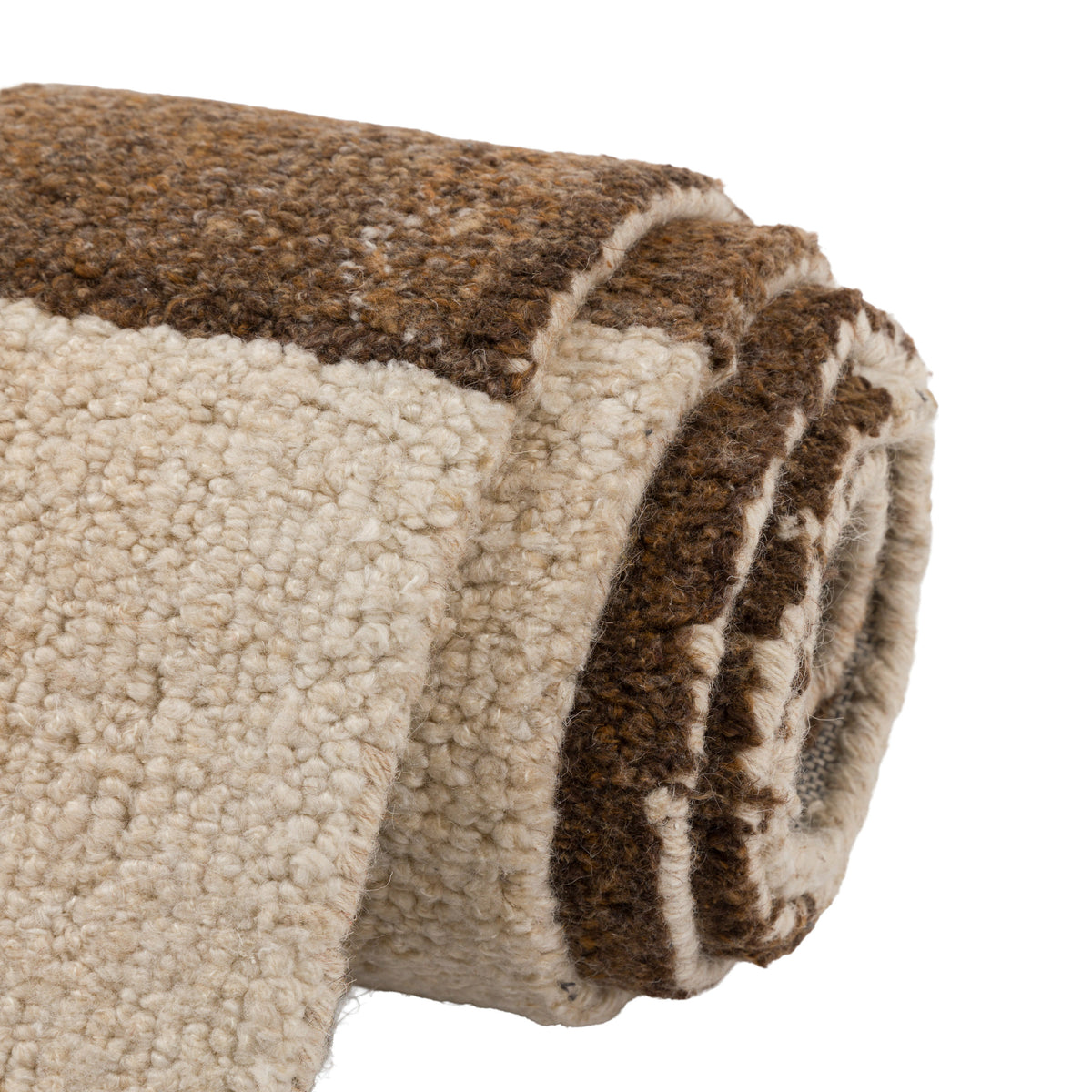 Gallery Direct Luma Geo Rug Sand Brown - rolled rug showing weave and pile texture