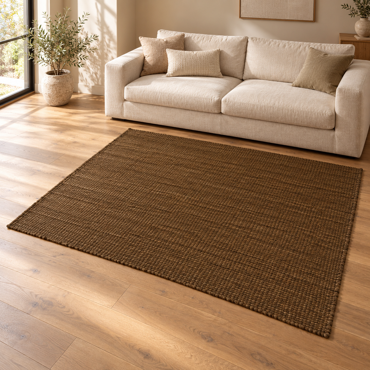 Gallery Direct Luma Rug Chocolate styled in a neutral living room; complete rug visible