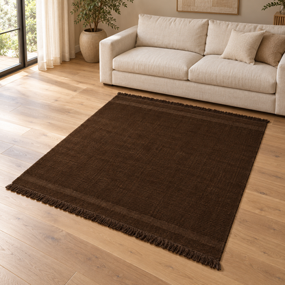 Gallery Direct Malin Rug Chocolate styled in a neutral living room; complete rug visible