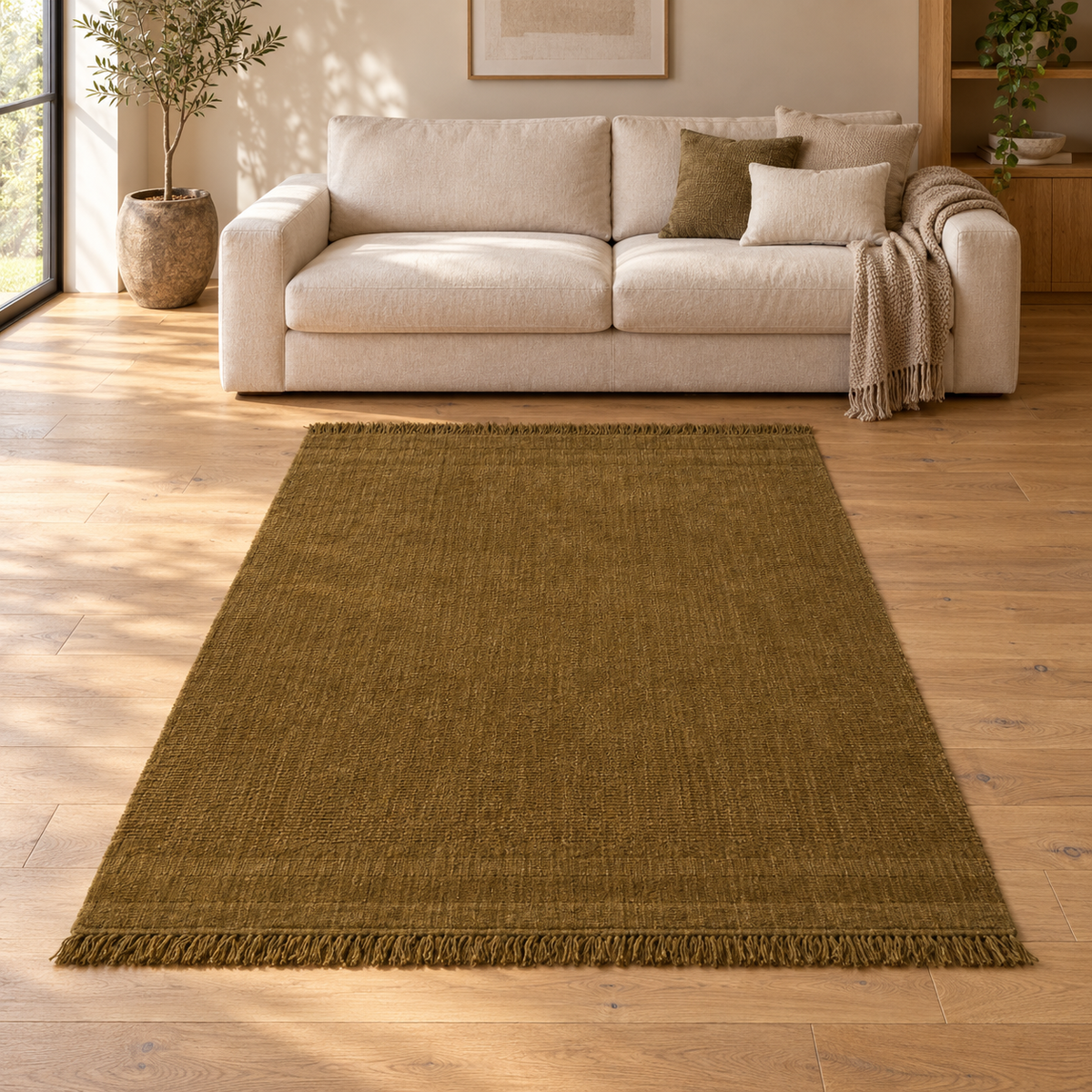Gallery Direct Malin Rug Olive styled in a neutral living room; complete rug visible