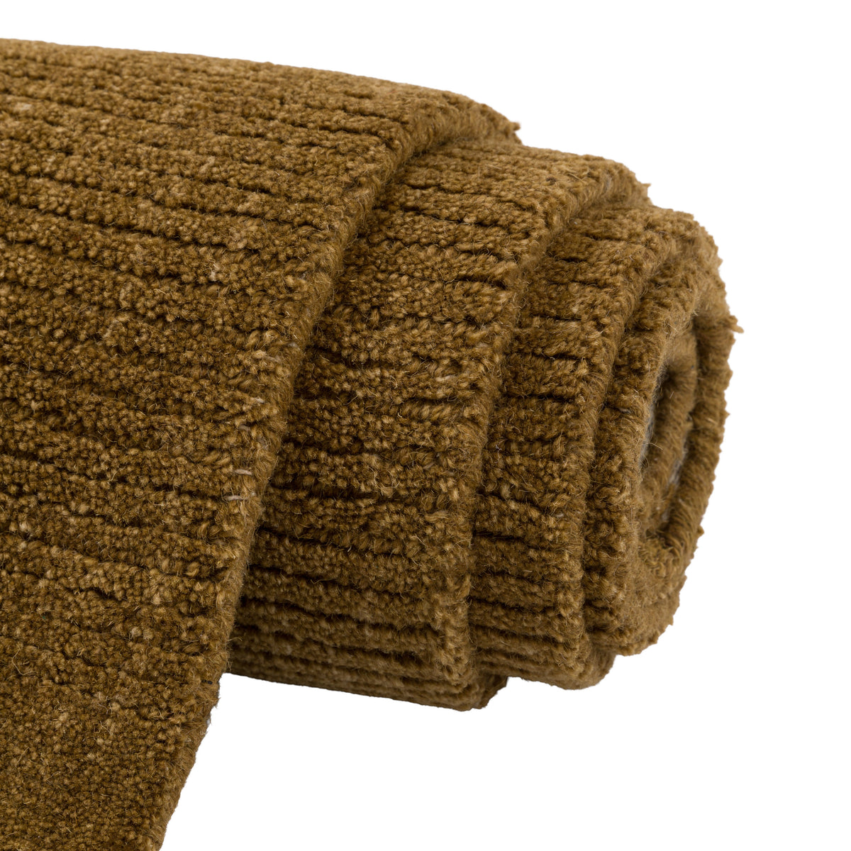 Gallery Direct Malin Rug Olive - rolled rug showing weave and pile texture