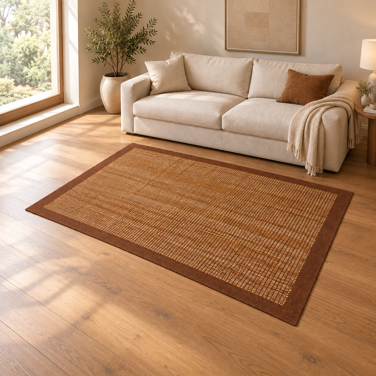 Gallery Direct Mirelle Rug Chocolate styled in a neutral living room; complete rug visible