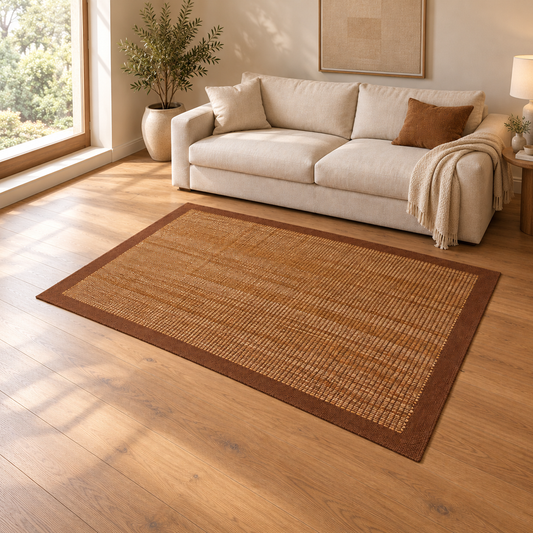 Gallery Direct Mirelle Rug Chocolate styled in a neutral living room; complete rug visible