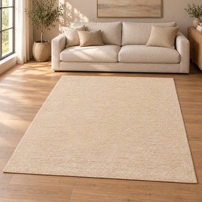 Gallery Direct Orla Rug Cream styled in a neutral living room; complete rug visible