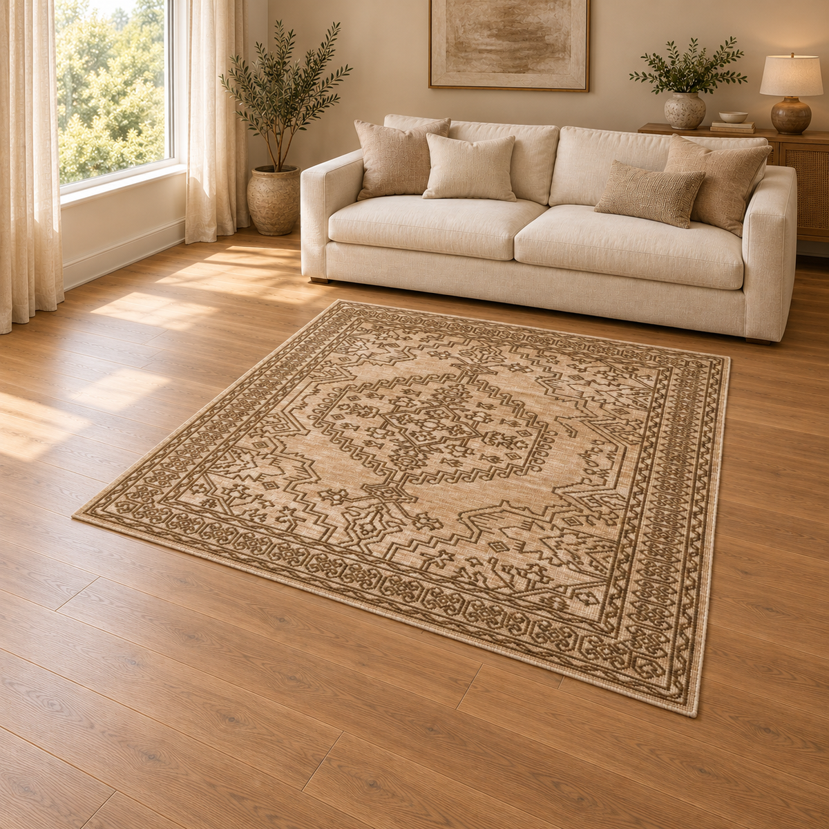 Gallery Direct Orla Rug Mocha styled in a neutral living room; complete rug visible