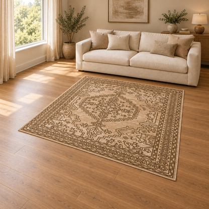 Gallery Direct Orla Rug Mocha styled in a neutral living room; complete rug visible