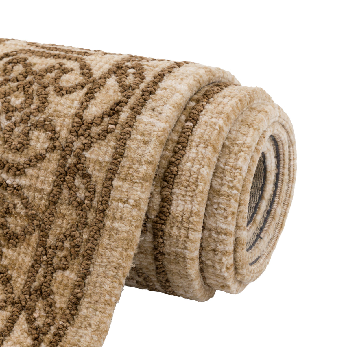 Gallery Direct Orla Rug Mocha - rolled rug showing weave and pile texture