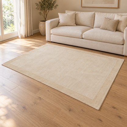 Gallery Direct Roden Rug Ecru styled in a neutral living room; complete rug visible