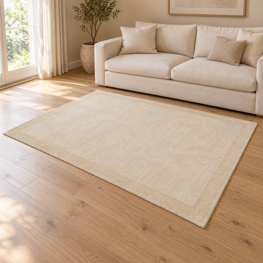 Gallery Direct Roden Rug Ecru styled in a neutral living room; complete rug visible