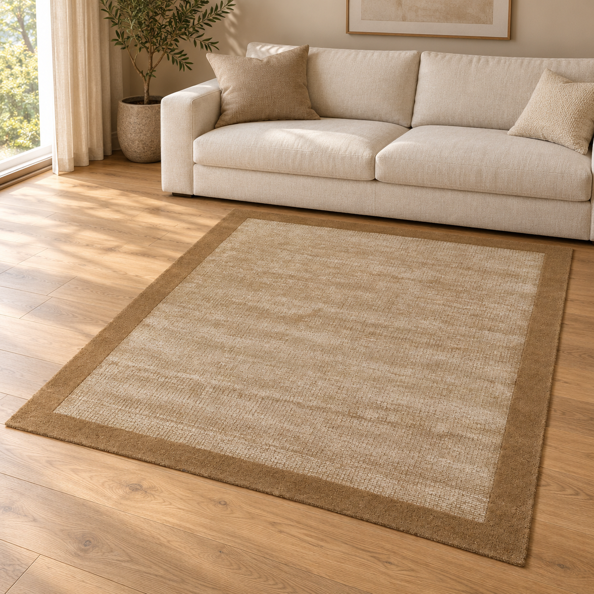 Gallery Direct Roden Rug Natural styled in a neutral living room; complete rug visible