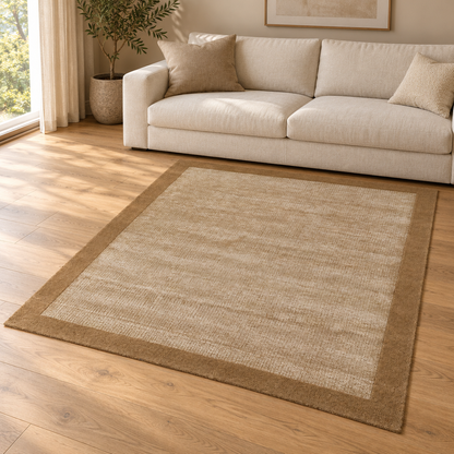 Gallery Direct Roden Rug Natural styled in a neutral living room; complete rug visible