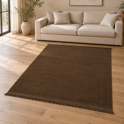 Gallery Direct Sienna Rug Chocolate styled in a neutral living room; complete rug visible