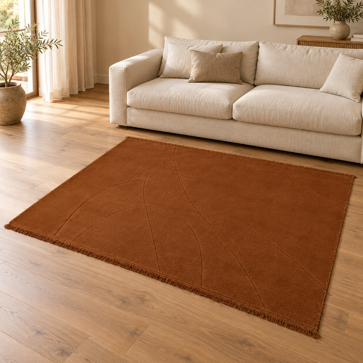 Gallery Direct Sienna Rug Terracotta styled in a neutral living room; complete rug visible