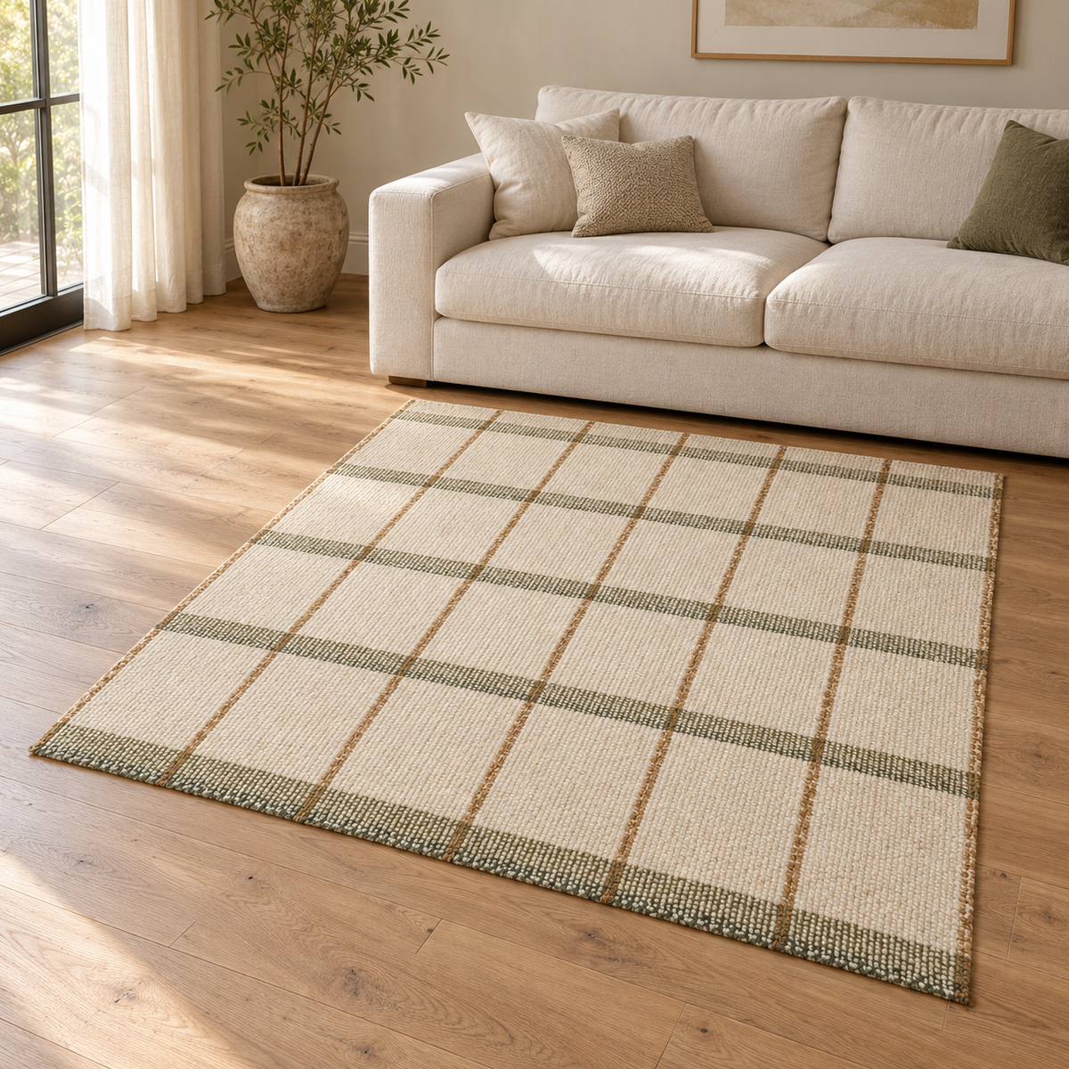Gallery Direct Solis Check Rug Ivory styled in a neutral living room; complete rug visible