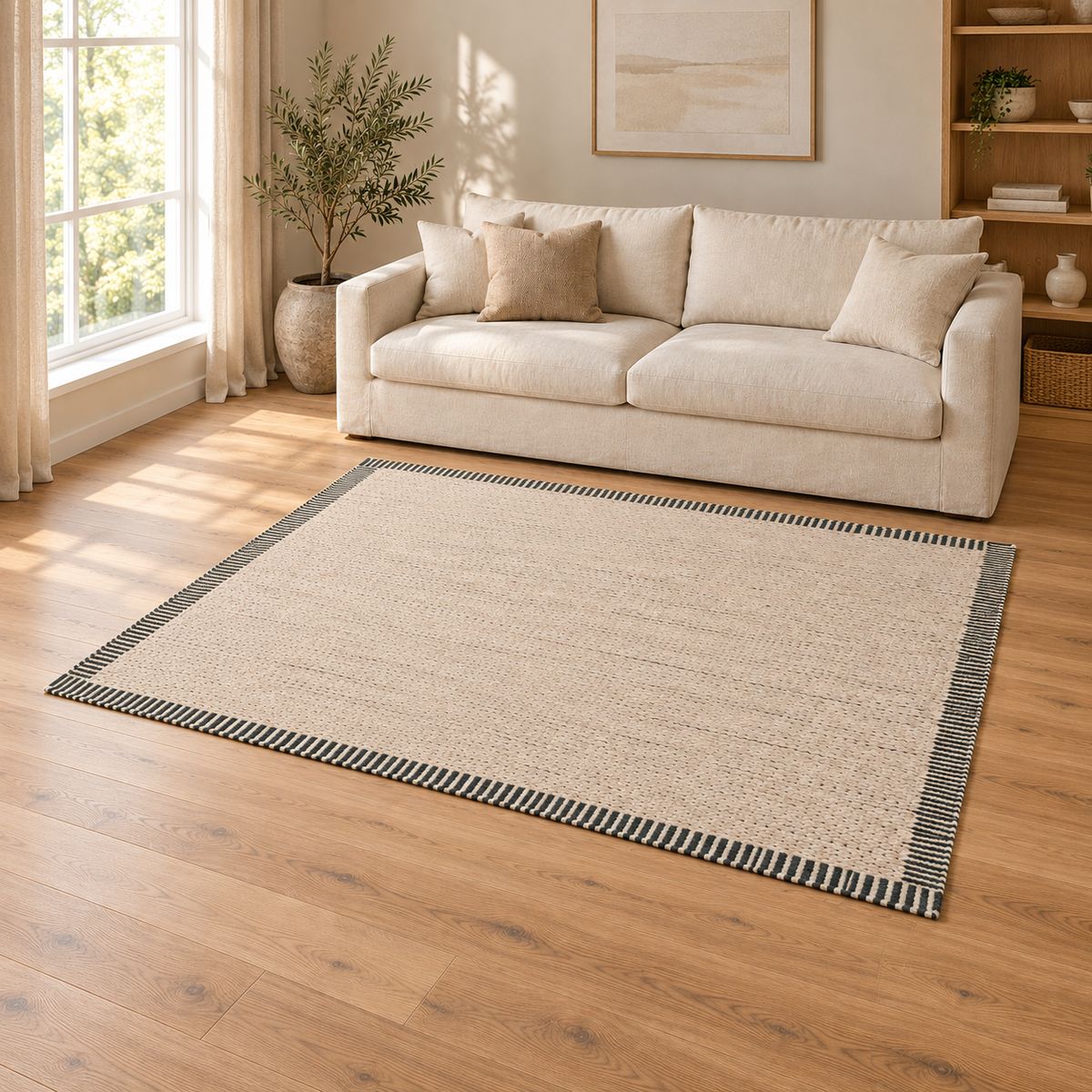 Gallery Direct Valena Border Rug Ecru styled in a neutral living room; complete rug visible