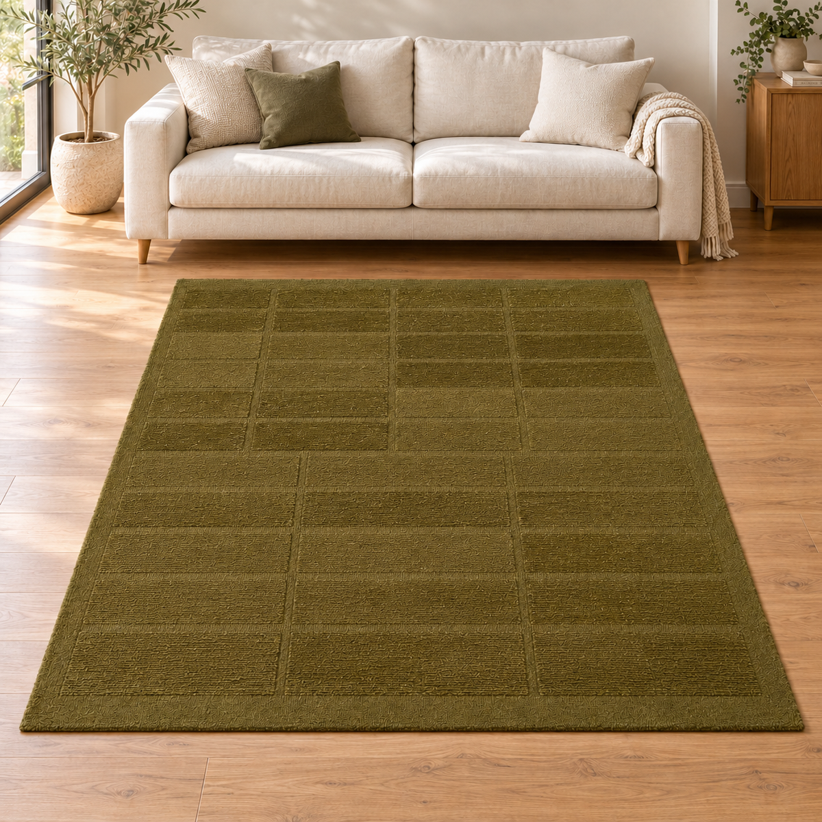 Gallery Direct Virelle Rug Olive styled in a neutral living room; complete rug visible