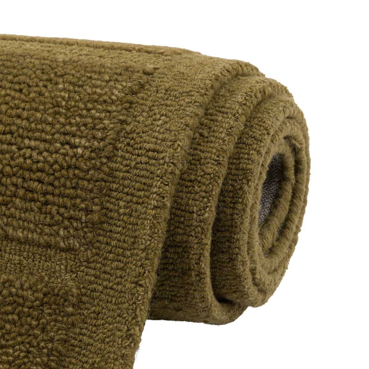 Gallery Direct Virelle Rug Olive - rolled rug showing weave and pile texture