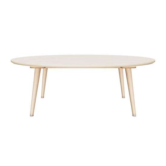Private photo approximation of Hatfield natural coffee table, nominal 1000 W x 500 D x 350 H mm. Hidden joints, wood registration and lighting estimated; phone AR untested.