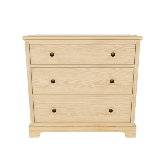 Private photo approximation Malvern 3 Drawer Chest, nominal 820 W x 440 D x 760 H mm. Hidden joinery, reconstructed grain behind knobs and photographic registration estimated; phone AR untested.