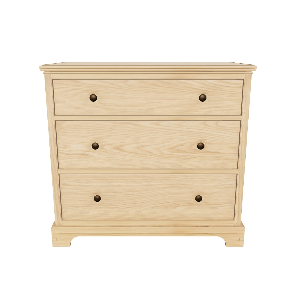 Private photo approximation Malvern 3 Drawer Chest, nominal 820 W x 440 D x 760 H mm. Hidden joinery, reconstructed grain behind knobs and photographic registration estimated; phone AR untested.