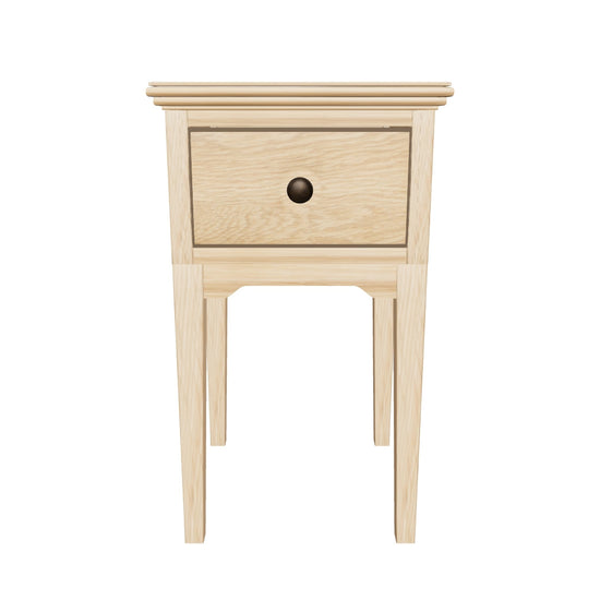 Approximate photo-based Malvern bedside — private review; nominal 320 × 330 × 550 mm; source-derived oak grain and one drawer; hidden construction estimated.