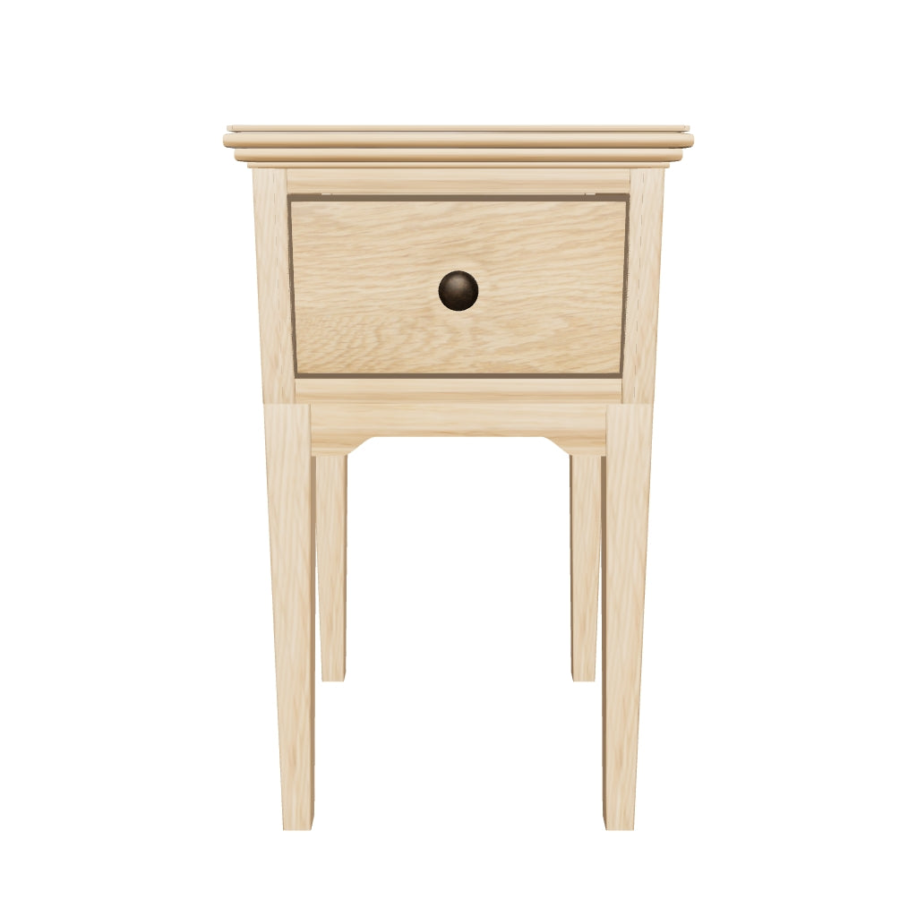 Approximate photo-based Malvern bedside — private review; nominal 320 × 330 × 550 mm; source-derived oak grain and one drawer; hidden construction estimated.