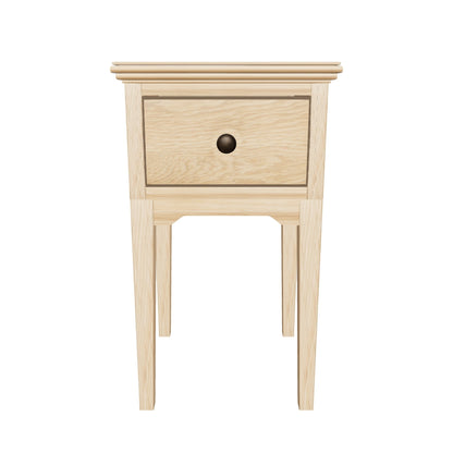 Approximate photo-based Malvern bedside — private review; nominal 320 × 330 × 550 mm; source-derived oak grain and one drawer; hidden construction estimated.