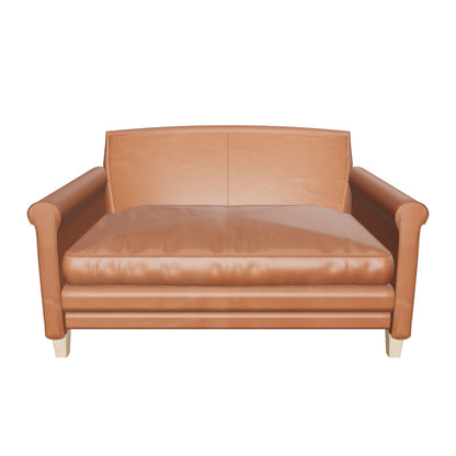 Paddington sofa approximate photo-guided AR review, fuller cushion and leather detail; no scatter cushions. Base dimensions 139.5 x 86 x 81 cm; depth disputed.