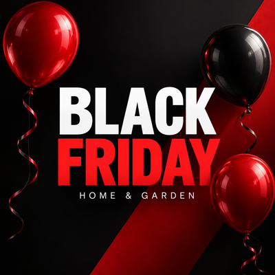 Shackletons Black Friday home and garden event graphic with glossy red and black balloons