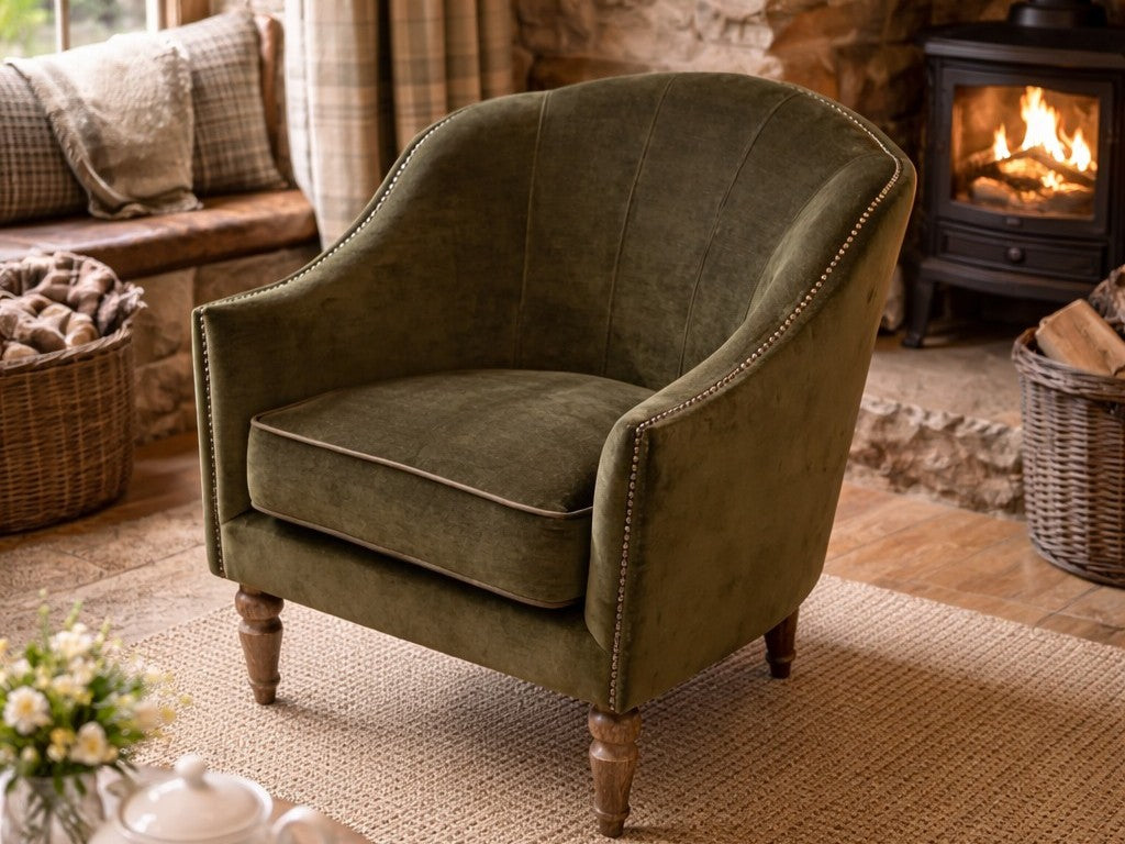 Vintage Sofa Company Alba Chair in Verona Seaweed with Piping — lifestyle setting