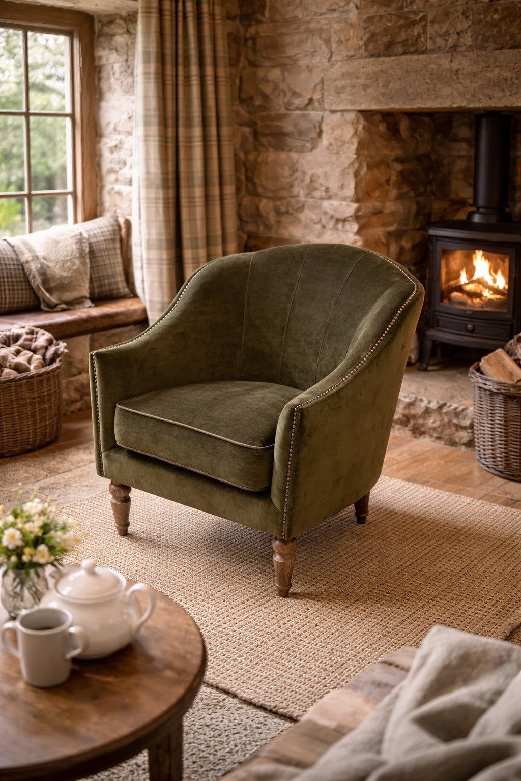Vintage Sofa Company Alba Chair in Verona Seaweed with Piping — lifestyle setting