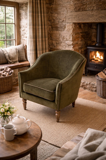 Vintage Sofa Company Alba Chair in Verona Seaweed with Piping — lifestyle setting