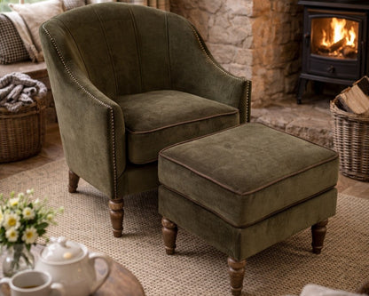 Vintage Sofa Company Alba Chair in Verona Seaweed with Piping — lifestyle setting