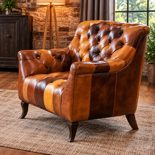 Vintage Sofa Company Bamford Club Armchair in Toffee Patchwork shown complete in a room setting