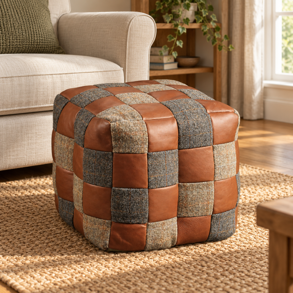 Vintage Sofa Company Bean Bag Harris Tweed & Brown Leather Patchwork — lifestyle setting