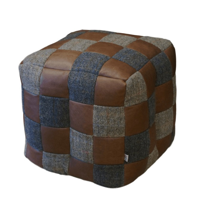 Vintage Sofa Company Bean Bag Harris Tweed & Brown Leather Patchwork — studio product view