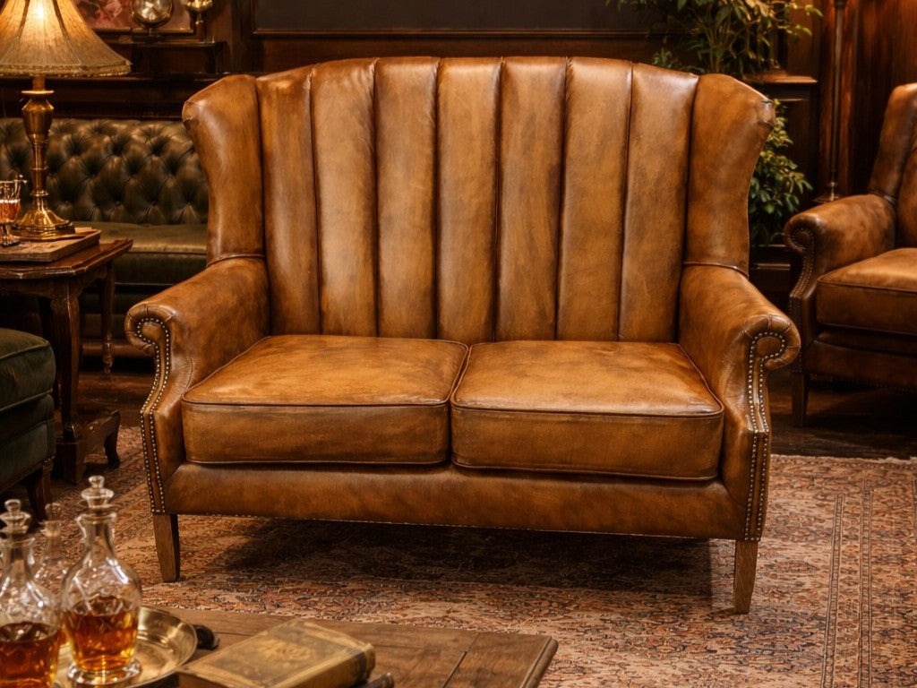 Vintage Sofa Company Clive Fluted Wing 2 Seater in Distressed Antique Leather — lifestyle setting